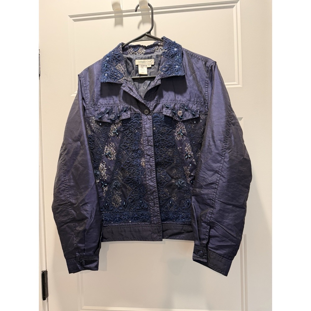 Coldwater Creek Silk Blend Beaded Lace Jacket Navy Cropped Medium